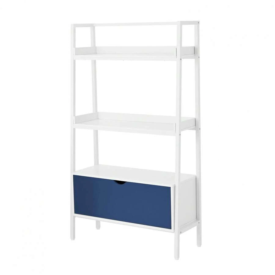 White Ladder Bookcase With A Handy Drawer - Blue - View 1