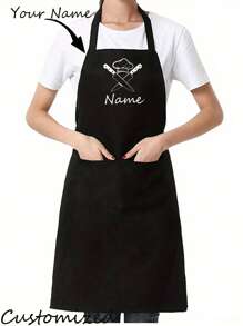 1 件定制创意围裙，男士厨师图案印花工作围裙，可调节尺寸，时尚餐厅和厨房围裙，简约风格黑色带口袋围裙，加厚腰围裙，时尚家务厨房家居工作服，厨房用品，多功能，装饰性，可重复使用，精致，时尚，高品质，色彩鲜艳，现代，定制，个性化，独特，图形印花，温馨氛围，家居生活，定制家用手套
