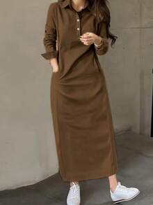 春秋新款时尚优雅翻领纽扣长袖女式阿拉伯连衣裙 - 咖啡棕 - 查看 4