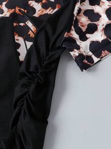 2 件女童豹纹蝴蝶结短袖上衣 + 喇叭裤套装，修身服装/姐妹装，开学季 - 黑色 - 查看 6