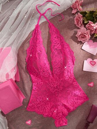 全新花眼睫毛蕾丝女士性感内衣诱人深 V 领露背连体衣性感紧身衣女士情趣内衣