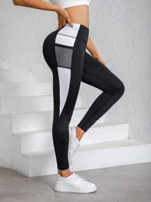 Women's High Waist Contrast Color Pocket Casual Fitness Leggings Sports - Black - View 6