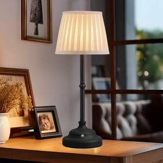 Draagbare draadloze tafellamp, stoffen lampenkap bureaulamp, oplaadbare verlichting op batterijen, dimbaar licht voor eetkamer, slaapkamer, nachtkastje, bar, nachtlampje, kamperen, balkon