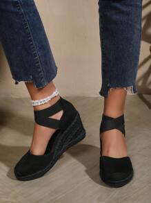 Women's Crossed Elastic & Linen Rope Platform Wedge Sandals - All Black - View 6