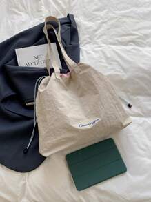 Bolso de cubo de estilo casual de lona con cordón, bolso tote de gran capacidad para mujeres, bolso de compras versátil, adecuado para estudiantes universitarios, diseño nuevo 2025