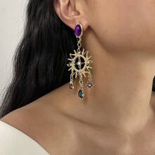 1 Pair Luxury Vintage Asymmetric Crystal Star & Moon Pendant Earrings, Suitable For Women To Wear On Holidays, Parties, Banquets