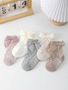 5 Pairs Spring/Summer Girls Socks, Lolita Bowknot Princess Knee High Socks, Autumn Leg Warmers Mid-Calf Short Socks