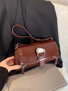 1pc Coffee PU Motorcycle Crossbody Bag, Niche Chic Sweet Hot Girl Design Shoulder Bag, High-End Quality Versatile Baguette Handbag