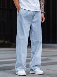 Loose Straight Leg Jeans, Fashionable Washed Cotton Denim, Casual Straight Wide Leg Elastic Waist Jeans For Men, Couple Matching Gift