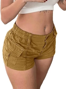 Women Cargo Shorts Elastic Low Waist Pocket Y2k Egirls Slim Fitted Shorts Vintage Harajuku Streetwear - 棕色 - 查看 2