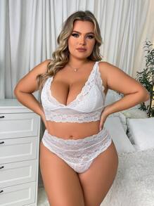 Plus Size 2pcs Set Deep V Lace Women Lingerie Set Hollow Transparent Sexy Underwear