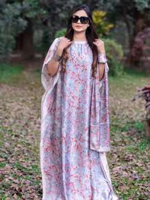 1 套女士新款仿丝条纹花卉印花海滩度假比基尼罩衫和头巾，非常适合旅行和日常使用 - 长袍、头巾