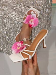 Women's Orchid Decor Square Toe High Heel Sandals, White High Heel Sandals Shoes Suitable For Spring, Wedding & Party - White - View 1
