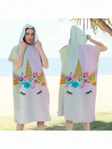 1pc Colorful Unicorn Print Hooded Cloak, Wearable & Absorbent Beach Blanket - Ultra Soft Polyester, Quick-Dry, Sand-Free, Ideal For Travel, Swimming, Park, Sun Protection, Outdoor, Beach, Water Play, Perfect Holiday Essential Providing Ultimate Comfort Summer,Holiday