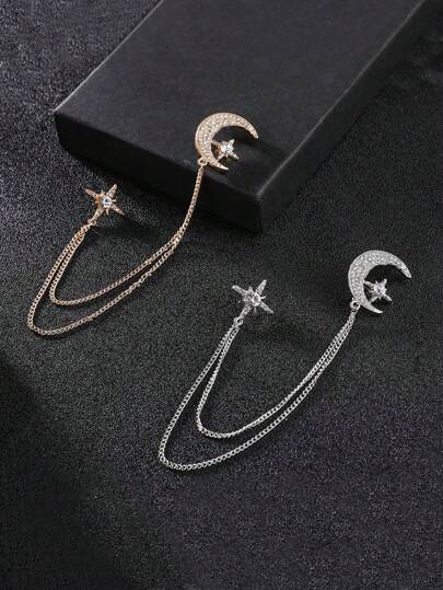 1pc Long Tassels Full Rhinestone Moon & Star Brooch, Jewelry For Women Party/Date Outfit Accessory