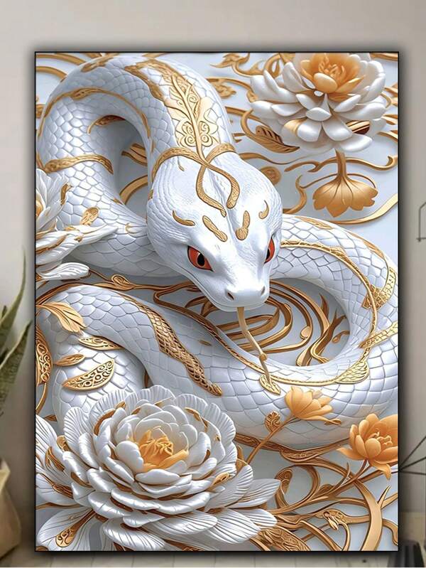 1pc White Snake And Golden Flower 5D DIY Diamond Painting Kit, Round Acrylic Diamonds, Animal Theme, Tabletop Ornament & Wall Hanging, Home Decor Art Craft, Gift For Mother's Day
