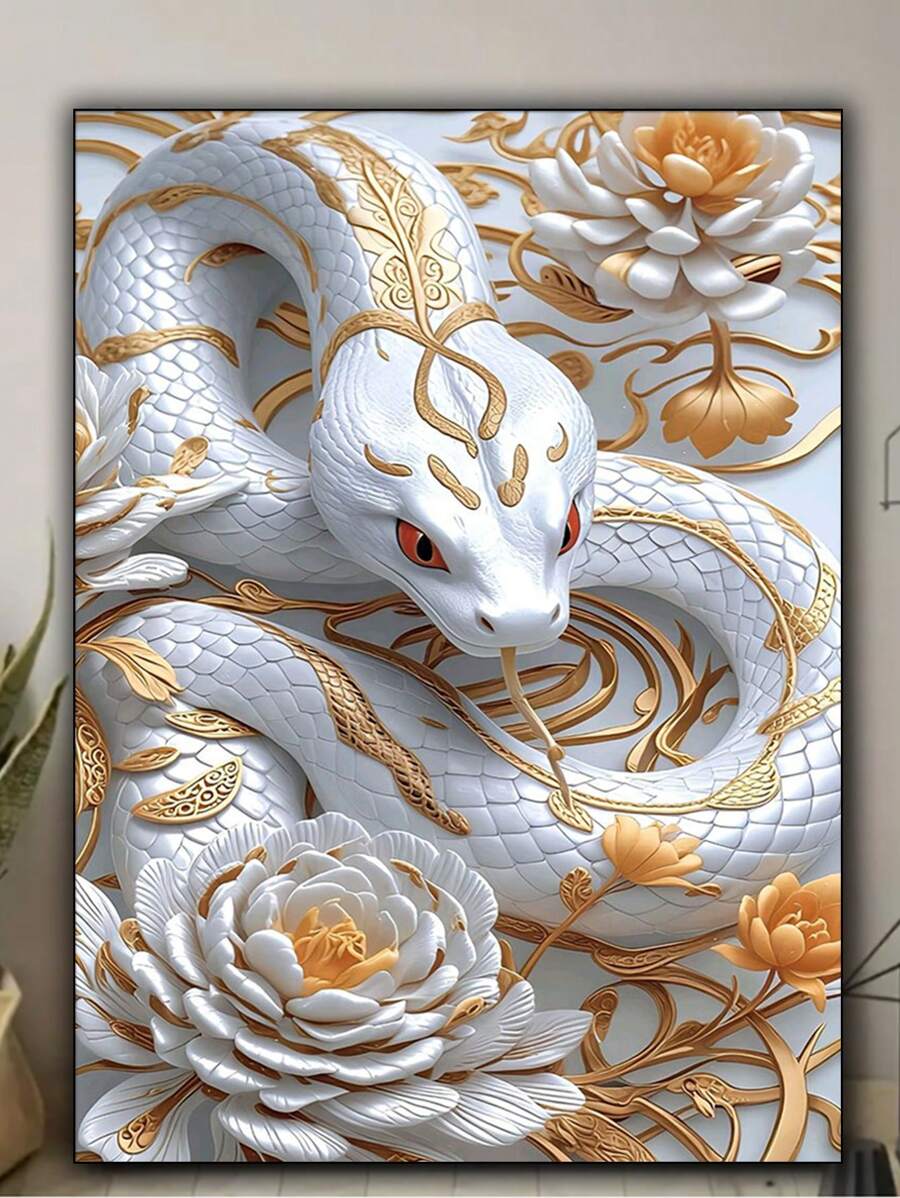 1 件白蛇与金花 5D DIY 钻石画套装，圆形亚克力钻石，动物主题，桌面装饰和壁挂，家居装饰艺术工艺品，母亲节礼物