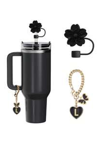 兼容 杯配件 1 件黑粉色吸管盖，用于杯吸管盖，1 件可爱心形字母和圆形字母饰物，适用于 30&40 盎司带手柄玻璃杯，字母饰物配件的长度为 3.94 英寸。个性化字母配件