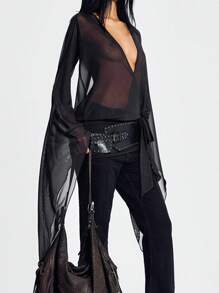 Women Mini Dress, Long Sleeve V Neck Backless Solid Color Sheer Dress Cocktail Dress - Black - View 5