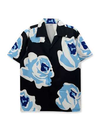 1pc Men Short Sleeve Floral Print Shirt, Blue Rose Pattern Hawaiian Style Shirt, Summer Vacation Vibe