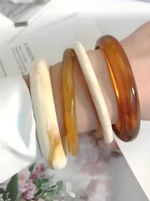 4 件/套白色和棕色扎染圆形树脂手镯，简约多层百搭复古优雅女士珠宝 - 彩色 - 查看 1