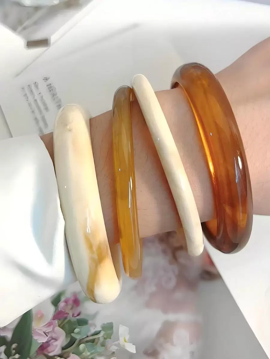 4 件/套白色和棕色扎染圆形树脂手镯，简约多层百搭复古优雅女士珠宝 - 彩色 - 查看 1