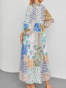 Vestido largo bohemio de mujer con mangas farol, cuello en V, corbata, bolsillos y estampado de retazos aleatorios