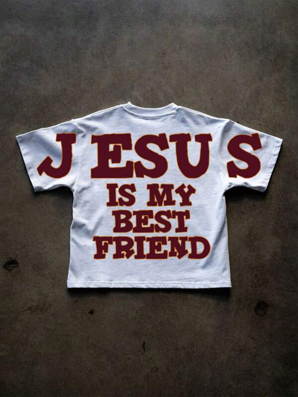Camiseta masculina de verão casual com estampa gráfica da letra JESUS e gola redonda, manga curta.