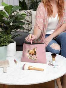Charming Watercolor Horse Theme Printed Zipper Makeup Bag, Fashionable Large Capacity Makeup Bag, Cosmetic Bags, Skin Care Product Storage Bags, Travel Makeup Bag, Solid Color Zipper Bag, Large Capacity Style Bag, Bathroom Organizer Holiday Essentials Holiday Travel Essentials Travel Bag Travel Accessories - Pink - View 3