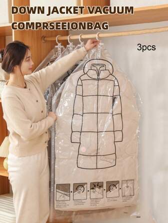 3pcs Hanging Vacuum Storage Bags With 5 Hooks, Extra-Large Capacity For Storing Clothes, Beddings & Jackets