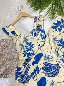 vestido longo ESTAMPA com forro com bojo tecido CREPINHO bonito fashion - Azul Empoeirado - Visão 5