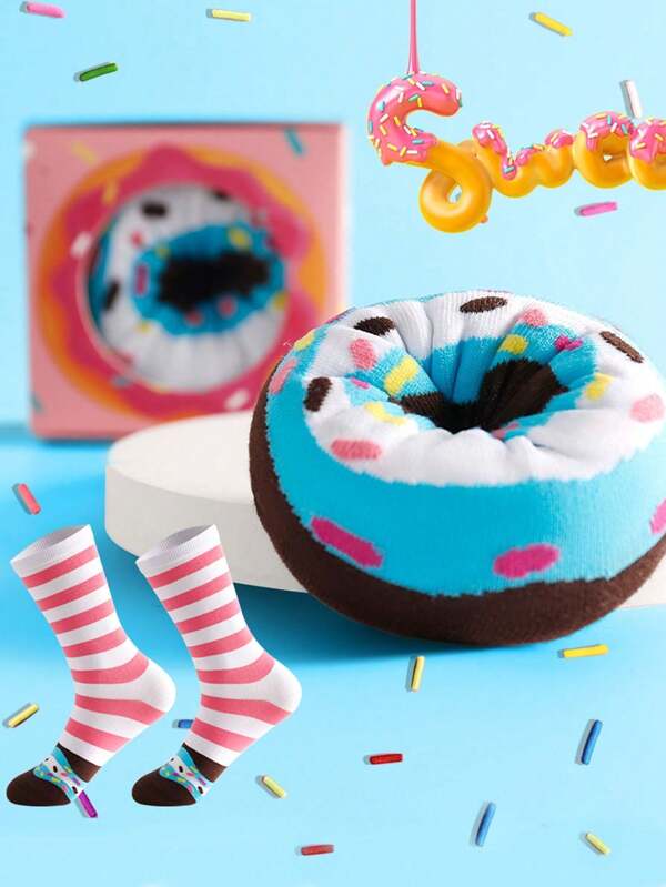 1 Pair Donut Pattern Socks, Surprise Party Festival Gift, Suitable As Gift Socks, Unisex Couples Socks, Soft And Breathable