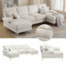 Canapé d'angle moderne en forme de U, tissu chenille, canapé surdimensionné avec méridienne, canapé modulable avec pouf et coussins, élégant pour le salon