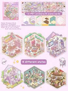 18/34 pièces Mini autocollants décoratifs pour maison, autocollants de scène (12/24 pièces de motifs + 6/12 pièces de carton de montage), autocollants de paysage de maison miniature 3D pour enfants, DIY, scrapbooking, jouets, réutilisables, options de taille multiples
