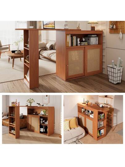 Bar Tafel Adjustable Storage Space, Rattan Cabinet Door, Moderne Multifunctional view 2