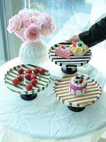 1pc Black & White Striped Ceramic Tray, Elegant Minimalist Vertical Striped Pedestal Dish, Storage Platter, Nut Dish, Cake Stand, Serving Platter, Suitable For Home, Party, Tea Gathering, Leisure, Commercial Decor, Gift