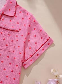 Conjunto de pijama de 2 piezas para mujer de talla grande con estampado de corazón pequeño, camisa con botones de manga corta y pantalones cortos, ropa informal para verano