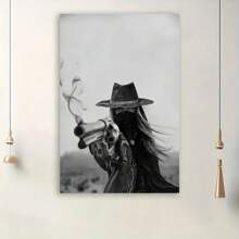 Framed 1pc Western Cowgirl With Six-Shooter Revolver, Wild West Frontier, Vintage Western Style, Bar Decor, American Theme, Farmhouse Art Poster, Fun Canvas Wall Art For Home, Bedroom, Kitchen, Living Room, Bathroom, Hotel, Cafe, Office Decoration