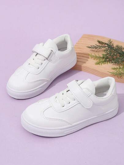 Children's White Fashion Campus Sports Shoes, Big Kids Hook And Loop Comfortable Casual Sneakers, Spring/Summer