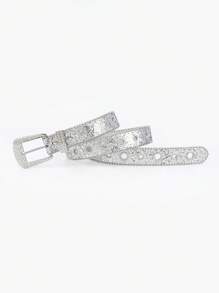 Party 1pc Women's Rhinestone & Perforated Glitter Y2k Style Waist Belt - Black - View 8