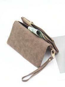 Sac à main marron à double fermeture éclair, portefeuille long premium portable, PU vintage et usé, grande capacité, portefeuille pliant multifonctionnel pour femme, pochette pratique pour femme au quotidien, porte-cartes bancaires et porte-téléphone casual et portable pour femme - Tabac - Voir 6