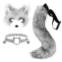 Faux Fur Fox Mask Wolf Cat Fluffy Tail And Leather Necklace Set Halloween Cosplay Party Costume Accessory, Rave - Multicolor - View 18