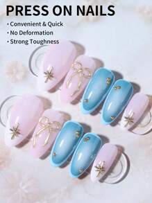 24 件长杏仁 3D 凝胶指甲，采用仿珍珠设计，打造蝴蝶结，法式尖头按压指甲，杏仁完美贴合亚克力假指甲套装，包含：1 件果冻胶和 1 件指甲锉，适合女士和女孩日常佩戴和派对使用美甲用品