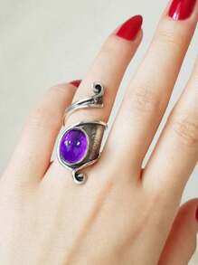 1 件复古时尚不对称合金水钻可调节开口戒指，多色 - 復古銀色 - 查看 3