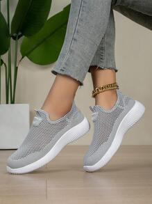 Scarpe da donna estive all'aperto in maglia e rete traspiranti, slip-on, leggere, per camminare e correre, sneaker - Grigio Chiaro - Visualizzare 1