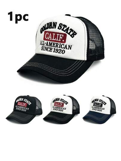 1 件装男士刺绣硬顶棒球帽，休闲美式街头卡车司机帽，百搭网眼帽