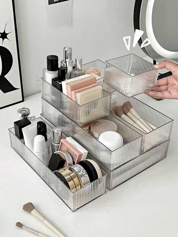 6/7/8pcs Transparent Drawer Design Cosmetics Storage Box With, Suitable For Dressing Table, Storing Lipstick, Eye Shadow, Skin Care Products, Household Products Cosmetics Organizer With Drawer Partition -4 Sizes Of Multifunctional Bathroom And Dresser Drawer Storage Tray