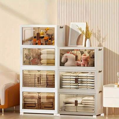 5layer Plastic Storage Bins, Stackable Storage Box With Lid, Folding Storage Containers With Lockable Wheels For Bedroom, Living Room, Study, Office
