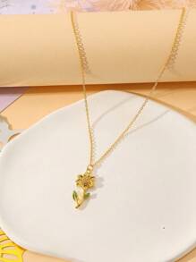 Goodwaro 1pc Delicate Rhinestone Inlaid Choker Necklace, Sunflower & Blessing Pendant, Women