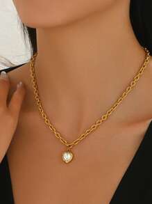 1 件简约锆石心形项链，不锈钢金色项链，适合女士 - 愛心鋯石 - 查看 3